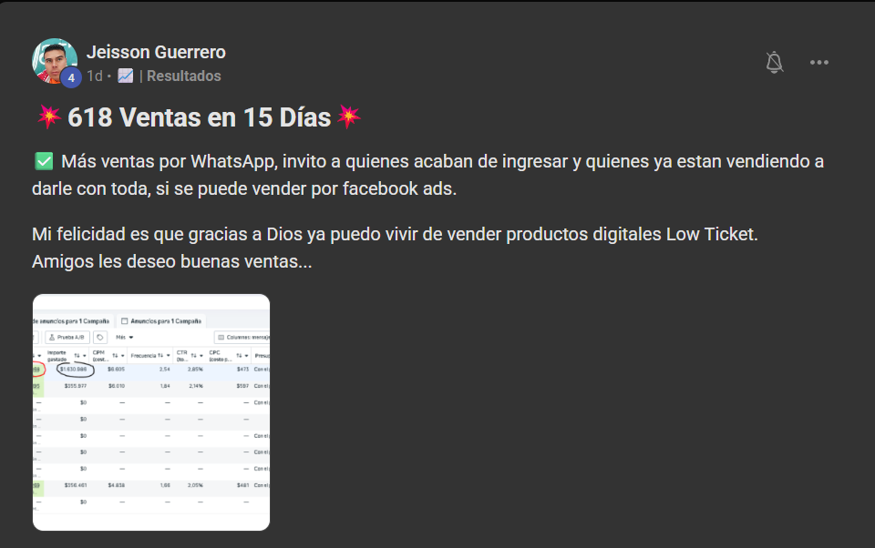 Jeisson Guerrero — 618 ventas en 15 días